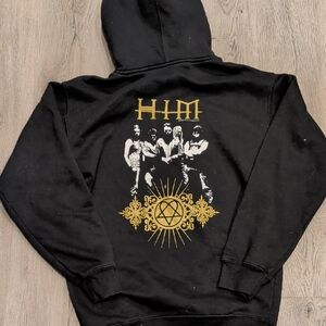 HIM Band Black Graphic Hoodie with Gold & White Print